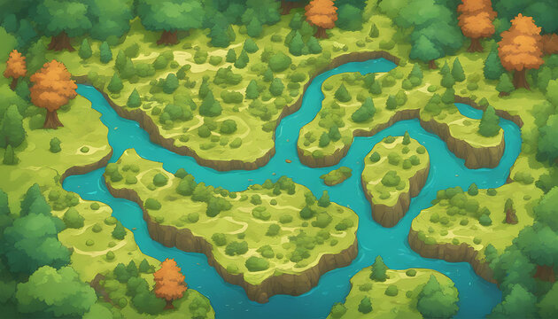 top view, game map, forest and floating lands landscape illustration background