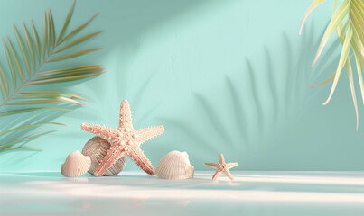 Photorealistic minimalistic banner in light colors with starfish, seashells, monotone background, concept of summer travel, sea trip, relaxation and tranquility, summer sea banner, free space for text