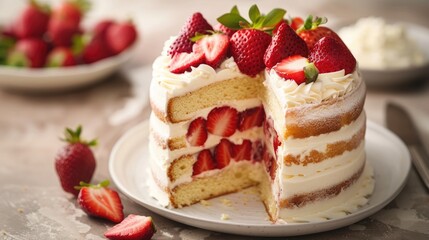 A delicate vanilla cake featuring layers of fresh strawberries and cream