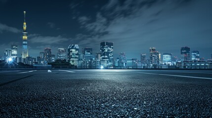 Tokyo urban cityscape skyline night scene with empty asphalt floor on front 