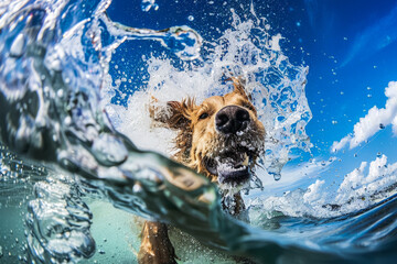 Happy breed dog running along the water's edge