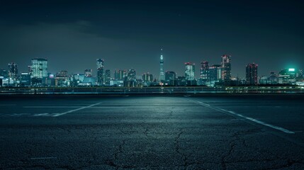 Tokyo urban cityscape skyline night scene with empty asphalt floor on front 