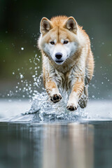 Happy breed dog running along the water's edge