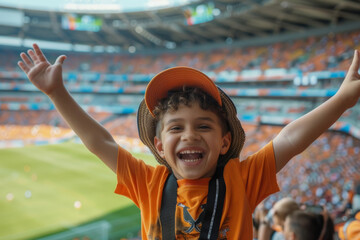 Child football fan at the stadium cheering for his favorite team