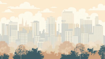 Light beige cityscape background. City buildings and trees at park view. Monochrome urban landscape with clouds in the sky. Modern architectural flat style vector illustration. 
