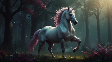 Naklejka premium unicorn in a forest. The unicorn is white with a pink mane and tail