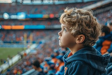 Fototapeta premium Child boy on the football stand