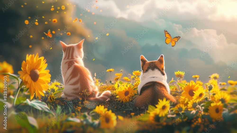 Poster A cat and a corgi dog sit on the grass with a bunch of yellow sunflowers watching a butterfly flutter by