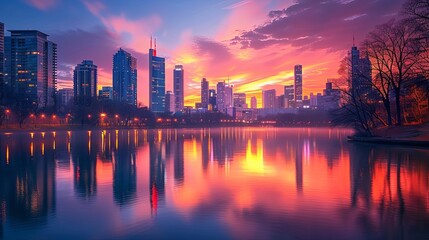 Fototapeta premium Cityscape at dawn with skyscrapers bathed in the soft glow of the rising sun, reflecting off the calm river below