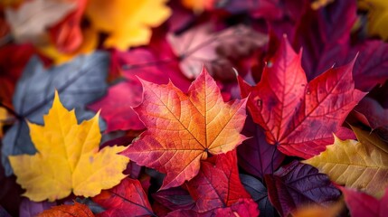 Obraz premium Closeup of autumn leaves in various shades of red, orange, and yellow, illuminated by soft sunlight, capturing the essence of fall