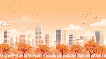 Light orange cityscape background. City buildings and trees at park view. Monochrome urban landscape with clouds in the sky. Modern architectural flat style vector illustration. 