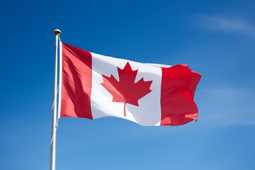 A red and white Canadian flag in front of blue sky