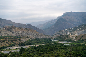 Caucasian mountain. Dagestan. Trees, rocks, mountains, view of the green mountains. Beautiful summer landscape.