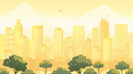 Light yellow cityscape background. City buildings and trees at park view. Monochrome urban landscape with clouds in the sky. Modern architectural flat style vector illustration. 