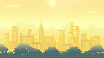 Light yellow cityscape background. City buildings and trees at park view. Monochrome urban landscape with clouds in the sky. Modern architectural flat style vector illustration. 