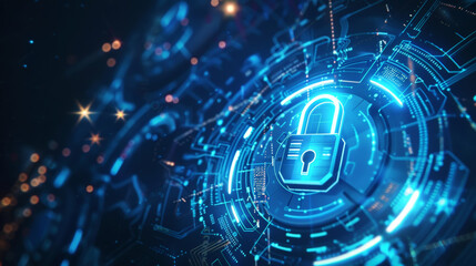 Obraz premium Digital access lock. Dark blue business and technology background, data protection and cyber security. Generative AI