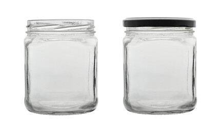 Two transparent empty jars, without a lid and with a lid, for conservation. Isolated on a white background.