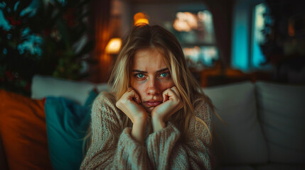 Serious blonde woman looking at camera with hands on chin sitting in living room