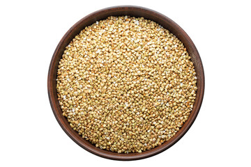 Unroasted buckwheat in a bowl. Isolated on a white background.