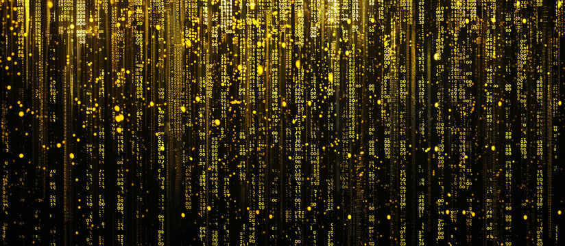 Digital curtain of yellow figures on a black background