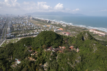 Birds yey view of Marble Mountains on sunny day. Da Nang, Vietnam.