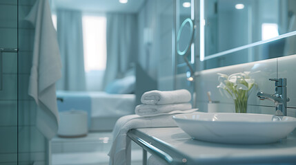 白で統一されたホテルの洗面所からベッドルームを写した画像