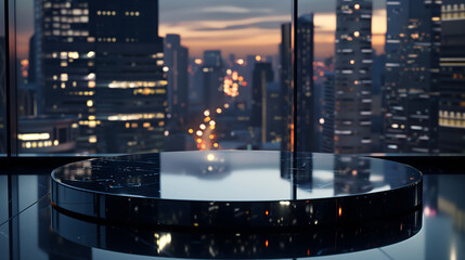 高層ビルの室内の窓からサンセットと夜景を見る様子