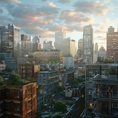 A cityscape of tall buildings with a blue sky and clouds in the background