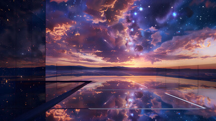 建物の床へ美しい空が映り幻想的な様子