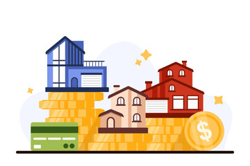 Comparison of property value and size, real estate market. Family houses of different prices standing on stacks of gold coins to choose affordable home on budget and needs cartoon vector illustration