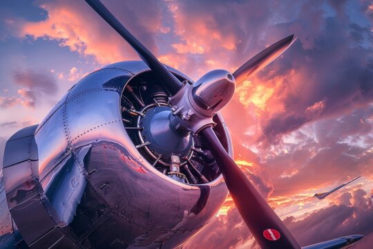 Close-Up of Airplane Propeller at Sunset. Close-up of an airplane propeller with a dramatic sunset sky in the background, highlighting aviation and travel themes.