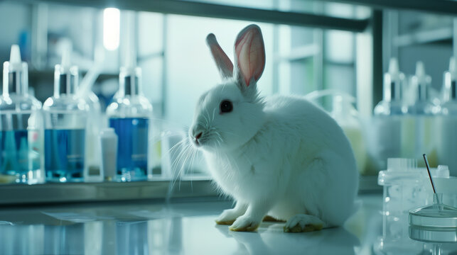 A small white rabbit is sitting on a table in a clean, sterile, bright laboratory. A fluffy rabbit is sitting waiting for medical experiments - Powered by Adobe