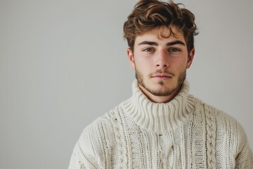 Fototapeta premium Young man in a knitted sweater. Copy space for text