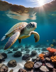 Obraz premium A Close-up large turtle deep underwater with plastic bag. Ocean life, wildlife. Concept of ecology problems and plastic debris in ocean. Slow reproduction rates. Suitable for World Environment day. 