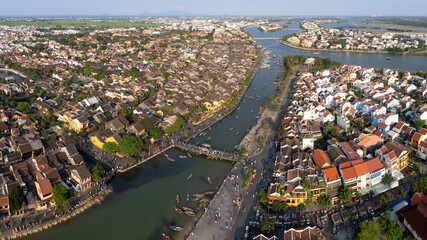 Panoramic drone view of Hoi An and Thu Bon rive on sunny day. Vietnam.