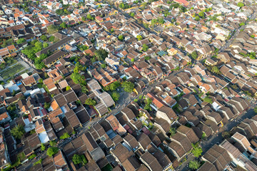 Drone view of Hoi An Old town (UNESCO World Heritage Site) on sunny day. Vietnam.