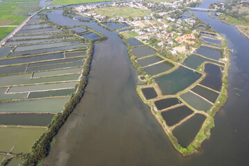 Aerial rural landscape in Thu Bon river delta on sunny day. Surroundings of Hoi An, Vietnam.