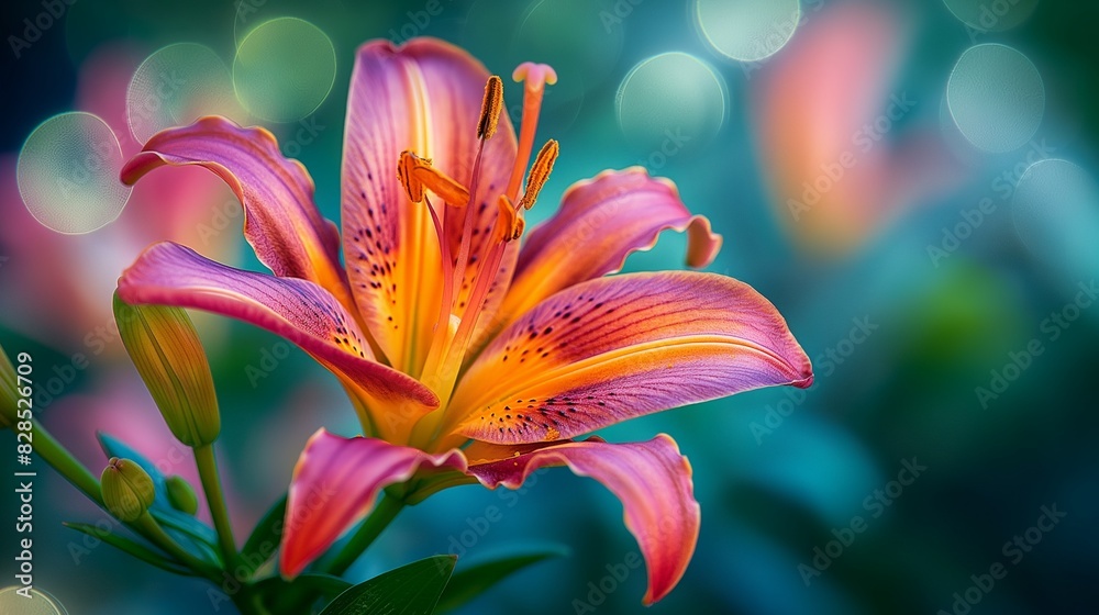 Wall mural an orange and purple lily with green leaves and dark background