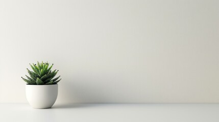 A small potted plant placed on one side of a plain white or light-colored surface, with the rest of the image left empty