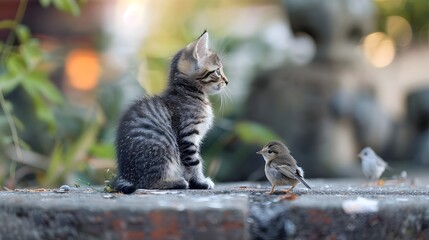 Curious Kitten Exploring Lush Garden Surroundings
