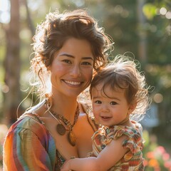 A smiling mom and her daughter play together in a summer park