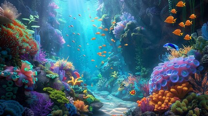 A colorful painting featuring a lively underwater scene with vibrant corals and various fish species swimming around. Generative AI