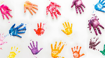Fototapeta premium Hand rainbow print isolated on white background. Color child handprint. Creative paint hands prints. Happy childhood design. Artistic kids stamp, bright human fingers and palm illustration