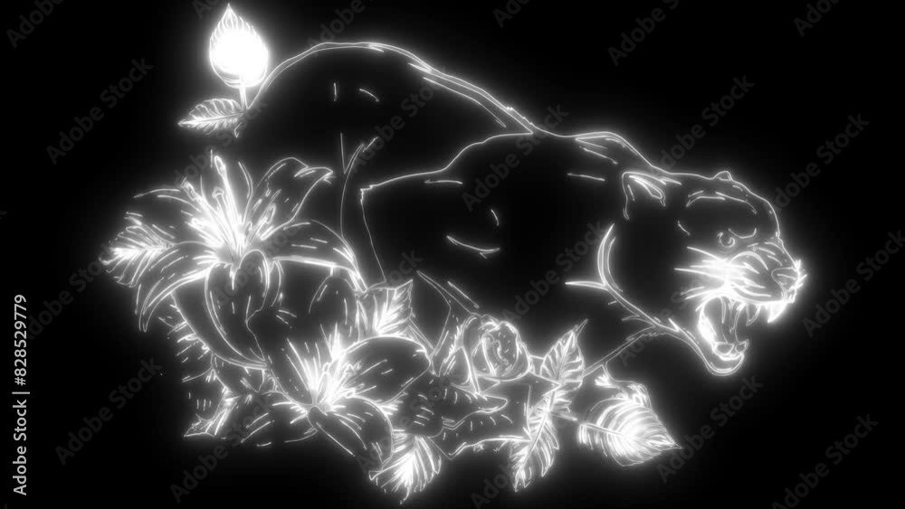 Wall mural puma in white line on black background