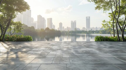 Fototapeta premium Empty cement floor with lake garden and modern city skyline in background. 