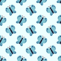 Cute and cozy Seamless Pattern with blue butterfly. Children background. Spring or summer fauna. Vector flat illustration for kids.