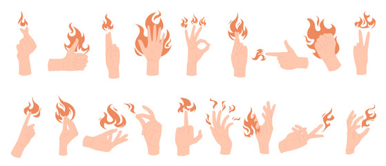 Human hand with different gestures and hot fire on fingers set. Burning peace and victory gestures, ok and thumbs up sign of person, peoples palms hold glowing flame cartoon vector illustration