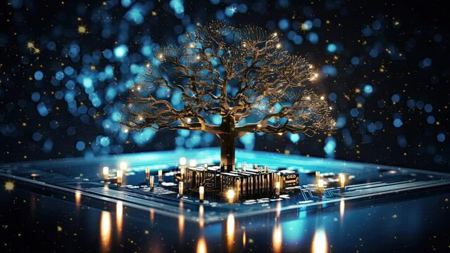 Futuristic digital tree with integrated circuit patterns as branches, symbolic of technology in harmony with nature,