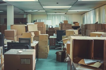 Office space filled with numerous cardboard boxes and clutter