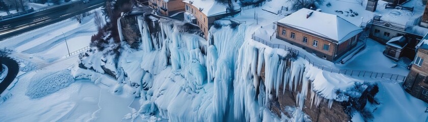 Aerial view of a picturesque frozen waterfall amidst snow-covered buildings and landscape, creating a serene winter wonderland scene.